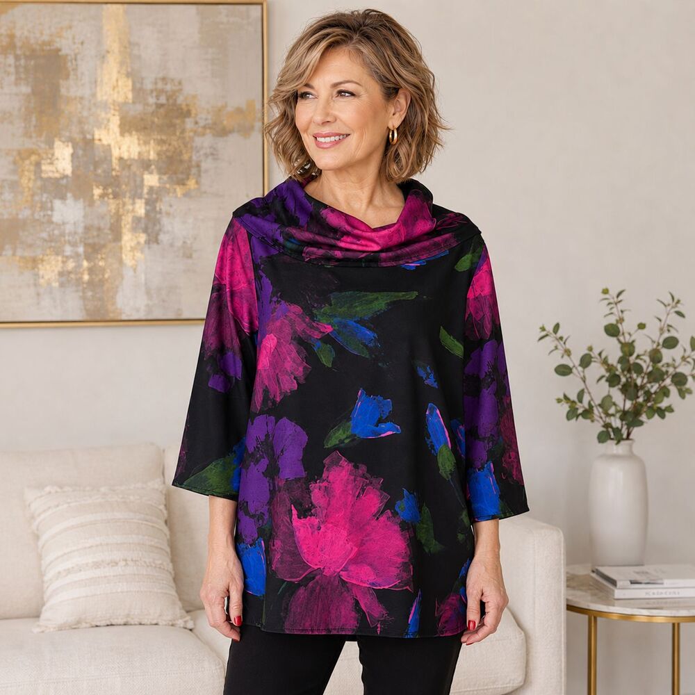 Caroline Rose Autumn Allure Floral Cowl Neck Blouse Top Black Pink Blue S USA
